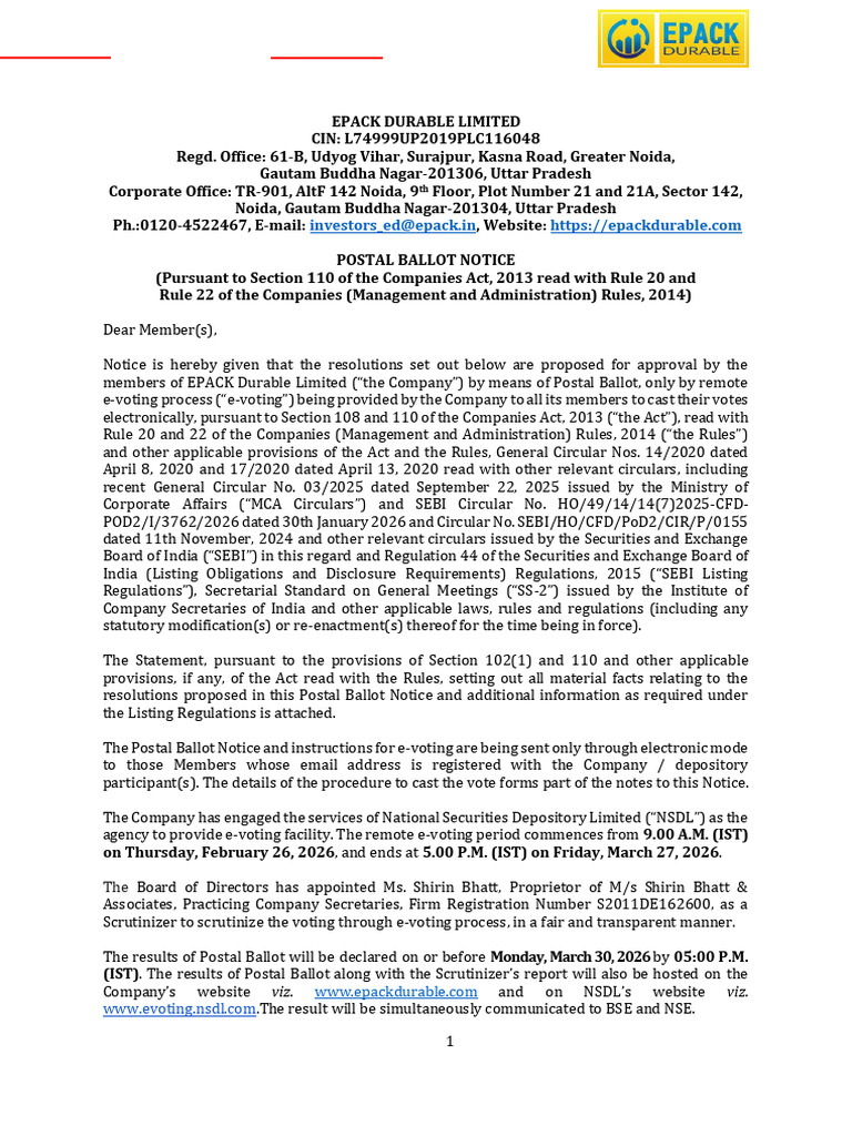 EDL Postal Ballot Notice Feb2026 | PDF | Electronic Voting | Login