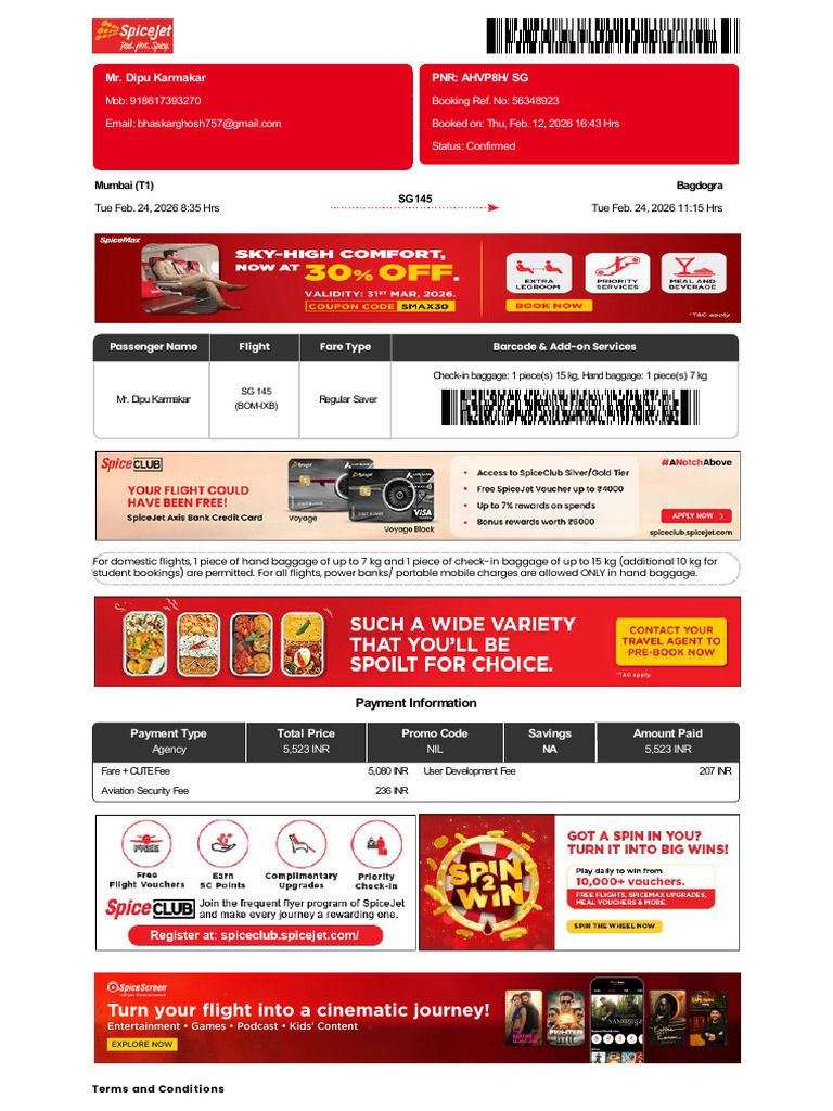 SpiceJet - E-Ticket - PNR - AHVP8H 24 Feb 2026 Mumbai-Bagdogra For MR ...