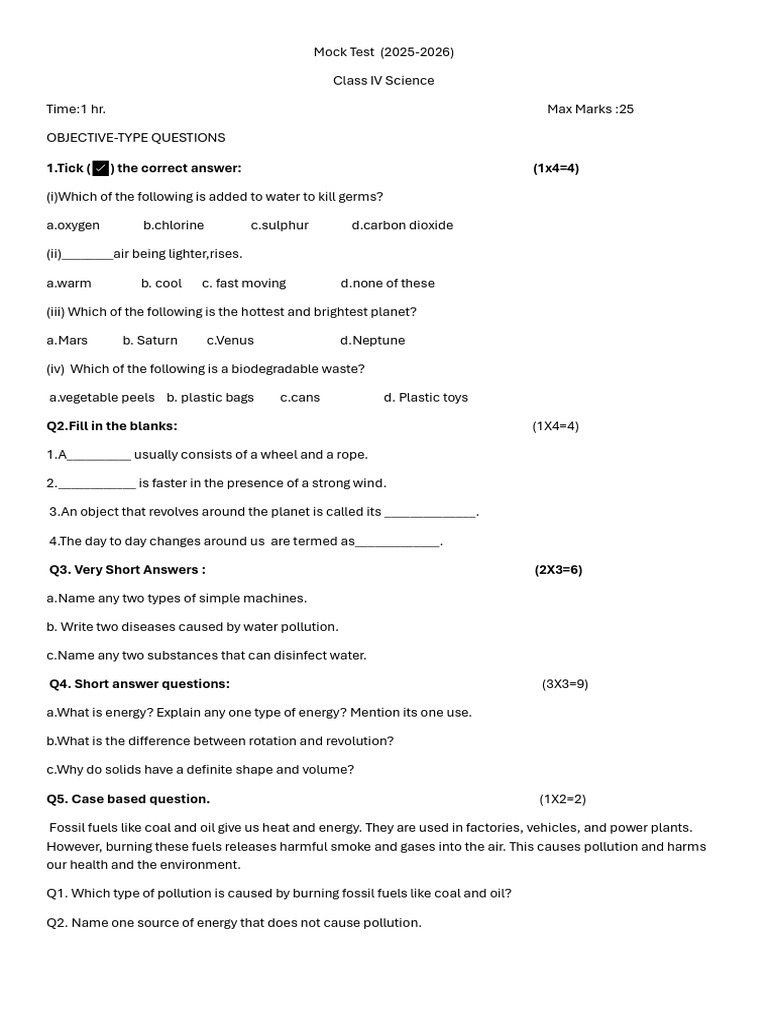 Mock Paper Class 4 Science - 17.01.25 | PDF