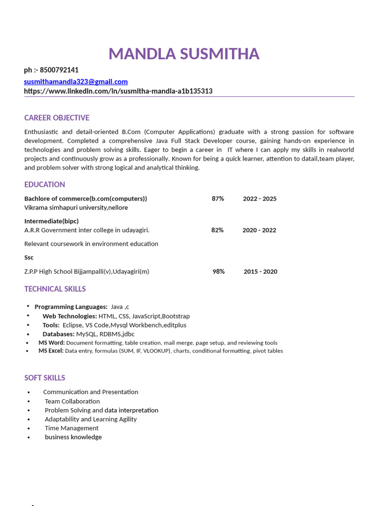 Resume Susmitha | PDF | My Sql | Java (Programming Language)