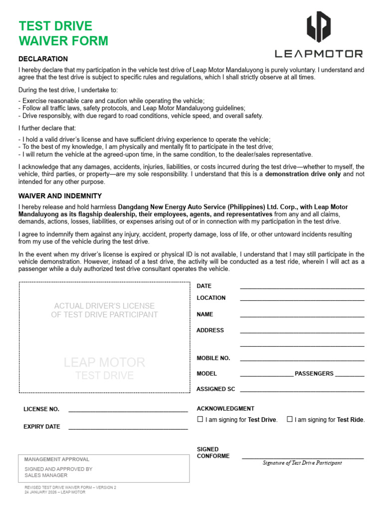 Test Drive Waiver Form - Leap Motor (Final) | PDF | Indemnity | Driver ...