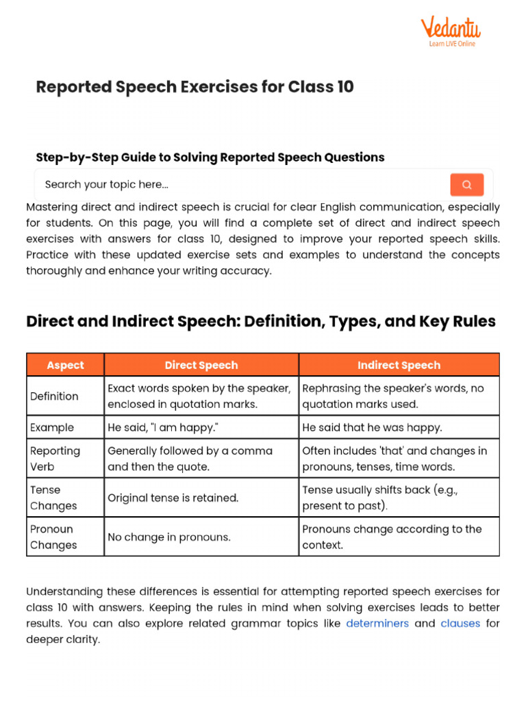Reported Speech Exercises For Class 10 | PDF