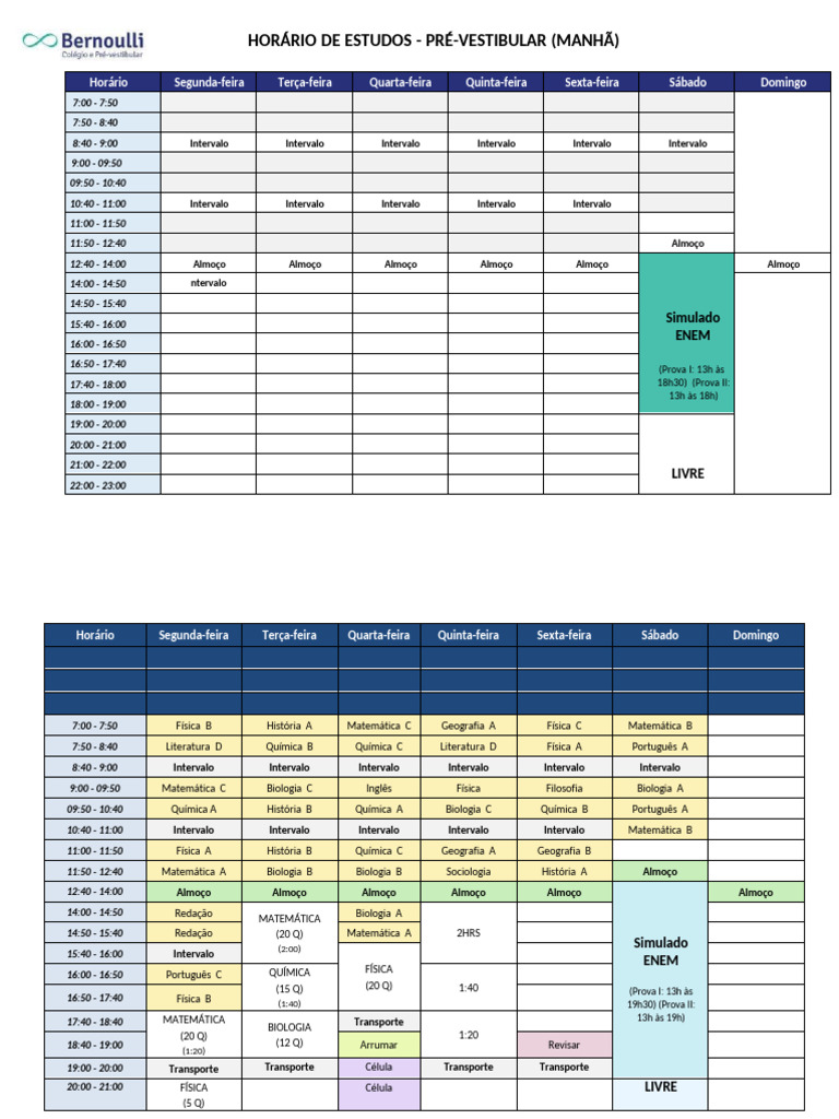 Conograma Semanal de Estudos e Aula 2026 ENEM (Bernoulli) | PDF ...