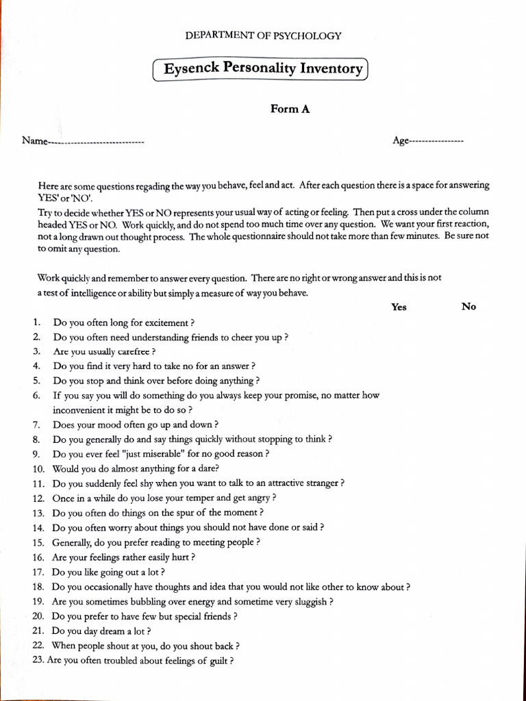 Eysencks Personality Inventory | PDF