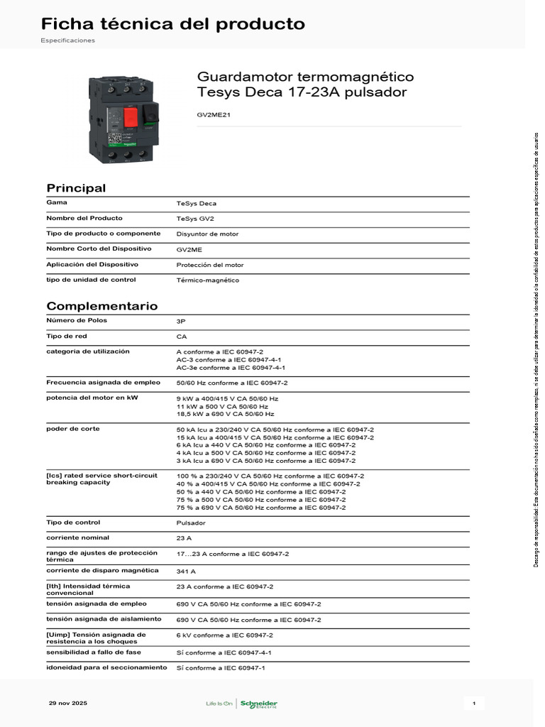 Schneider Electric TeSys Deca Frame 2 GV2ME21 | PDF | Electromagnetismo ...