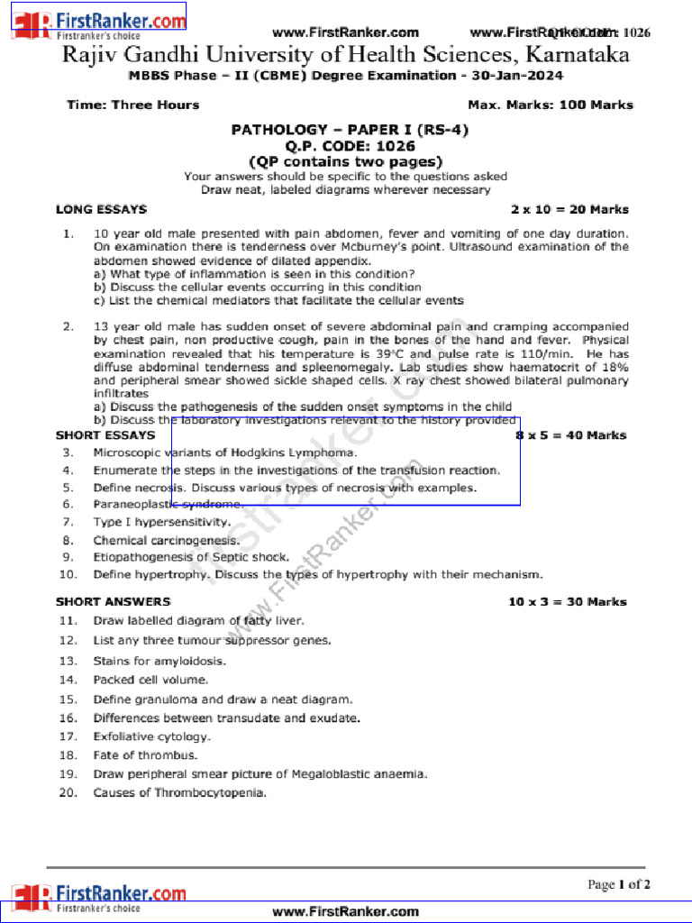 FR 1026 Pathology Paper I Rs 4 Previous Question Paper | PDF