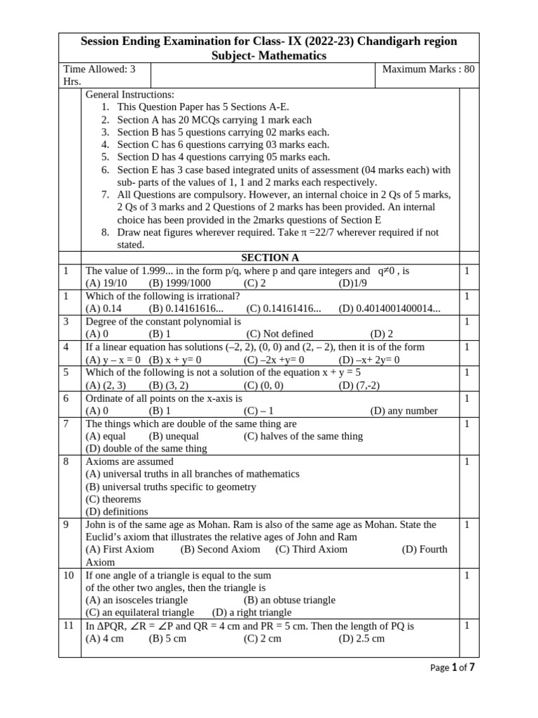 9 Math QP | PDF | Area | Triangle