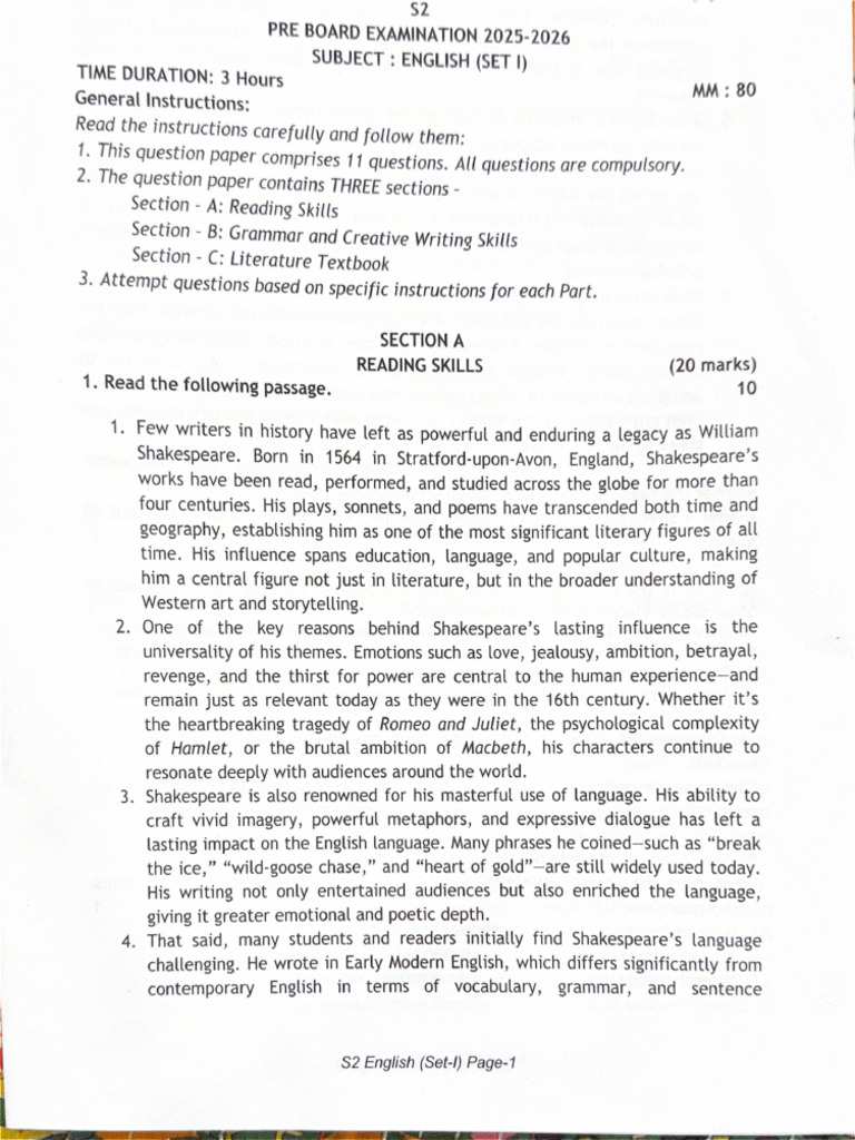 DPSRKP English Pre Board | PDF