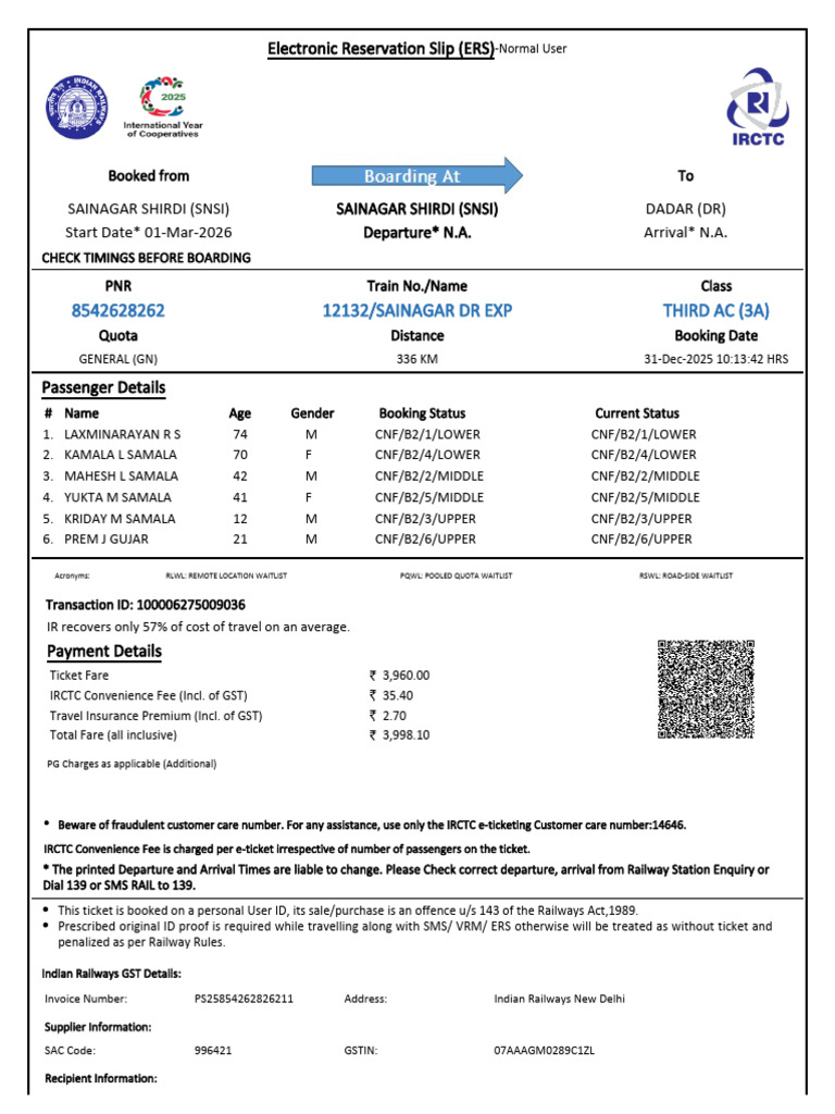 12132/sainagar DR Exp Third Ac (3A) | PDF | Identity Document