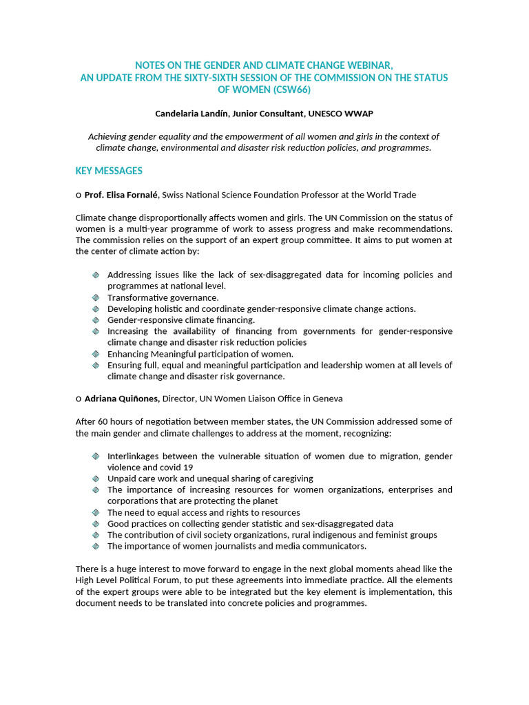 Notes On The Gender and Climate Change Webinar | PDF | Climate Change ...