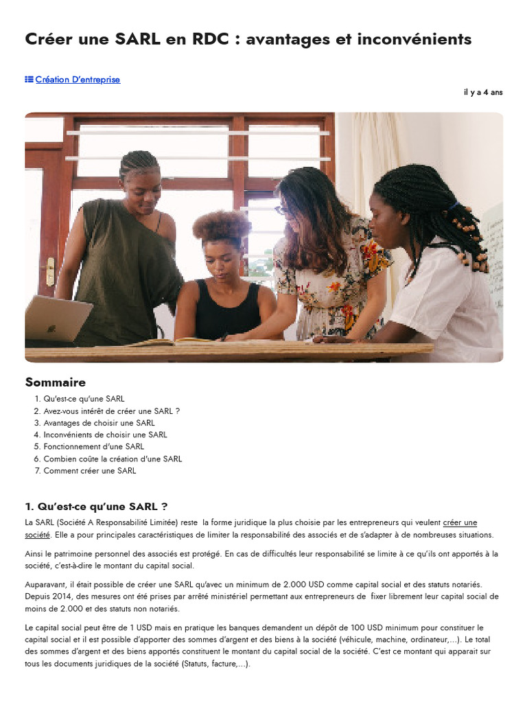 Créer Une SARL en RDC - Avantages Et Inconvénients - Avocats - CD | PDF ...