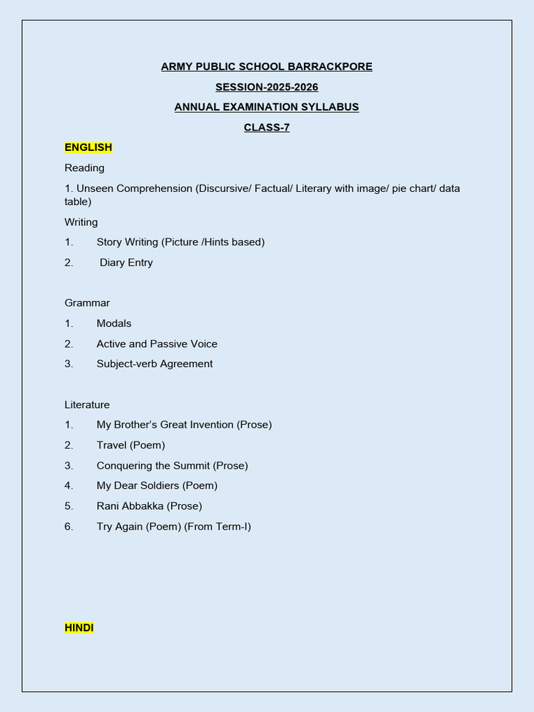 Class 7 Annual Exam Syllabus Compiled 25-26 | PDF