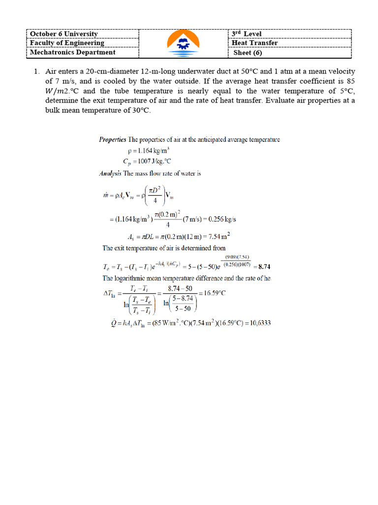 Sheet 6 Internal Forced Convection | PDF | Heat Transfer | Heat