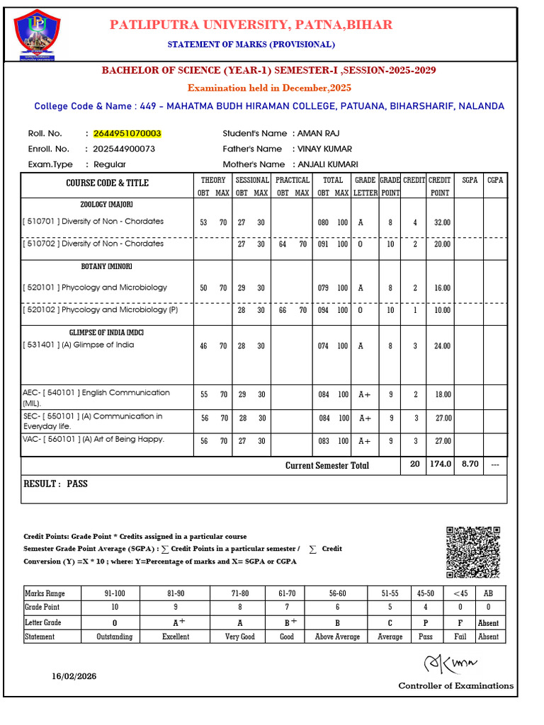 Prince Sem 1 Marksheet | PDF