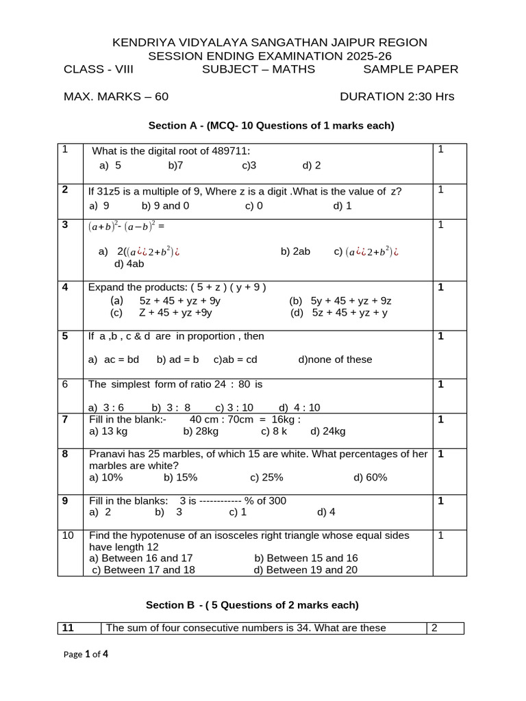 QP Class 8 See 2025-26 - Sample Paper | PDF | Euclidean Geometry ...