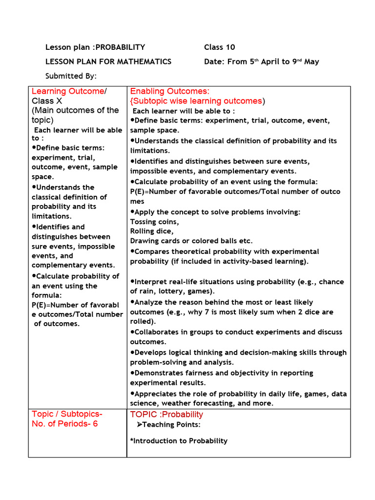 Probability Lesson Plan - 1 | PDF | Probability | Learning