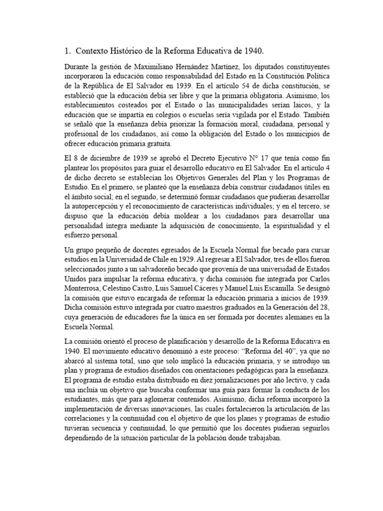 Contexto Histórico de La Reforma Educativa de 1940-1 | PDF | Educación ...