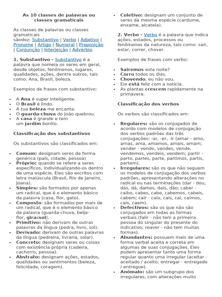 As 10 Classes de Palavras Ou Classes Gramaticais | PDF | Classe ...