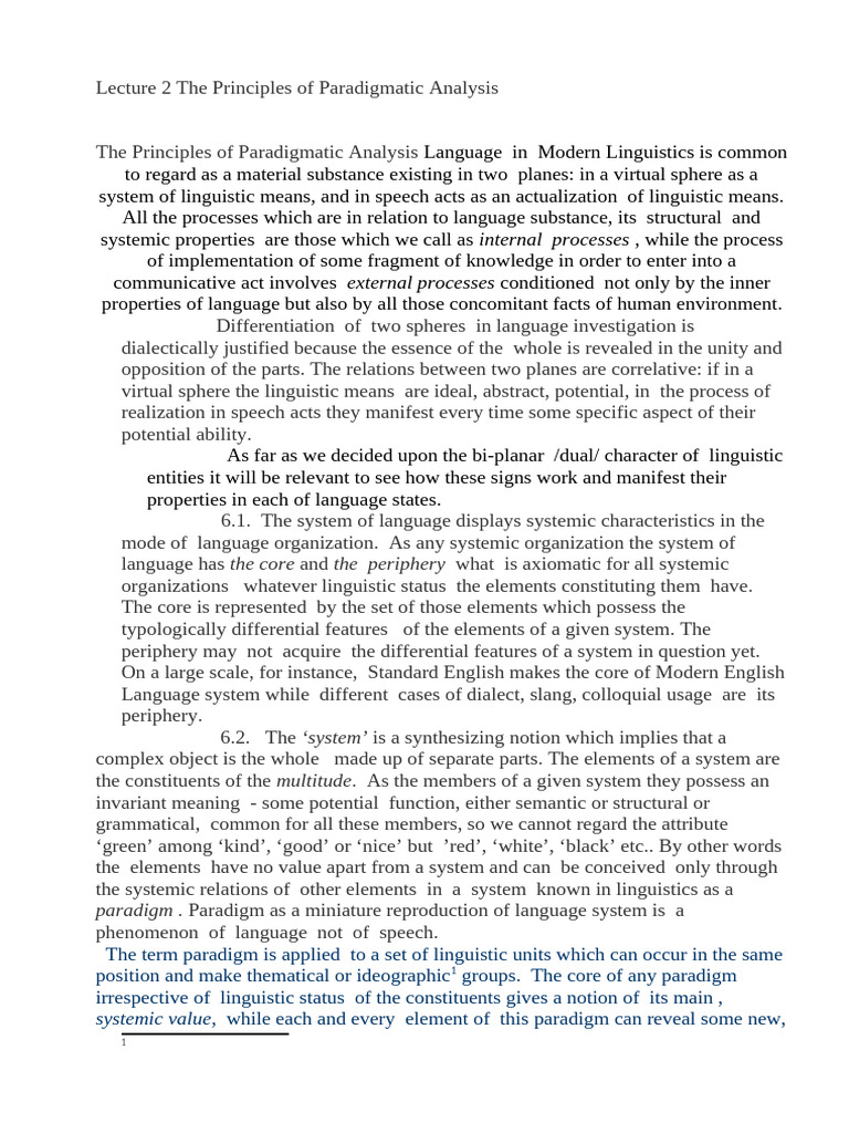 Lecture 2 The Principles of Paradigmatic Analysis | PDF