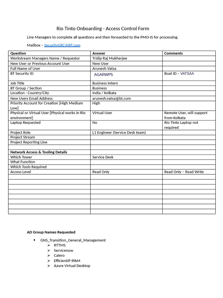 Piyush - Agarwal - Rio Tinto Access Control Form v1.0 | PDF | Network ...