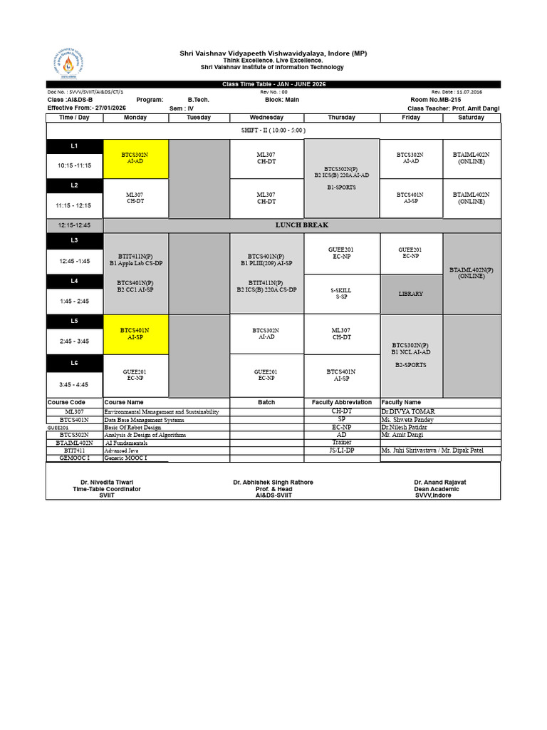 Updated - IV Sem AIDS-Section B Time Table | PDF