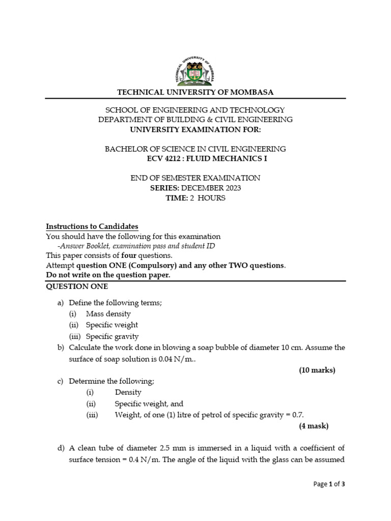 Fluid Mechanics I Paper A - 085220 | PDF | Pressure | Pressure Measurement
