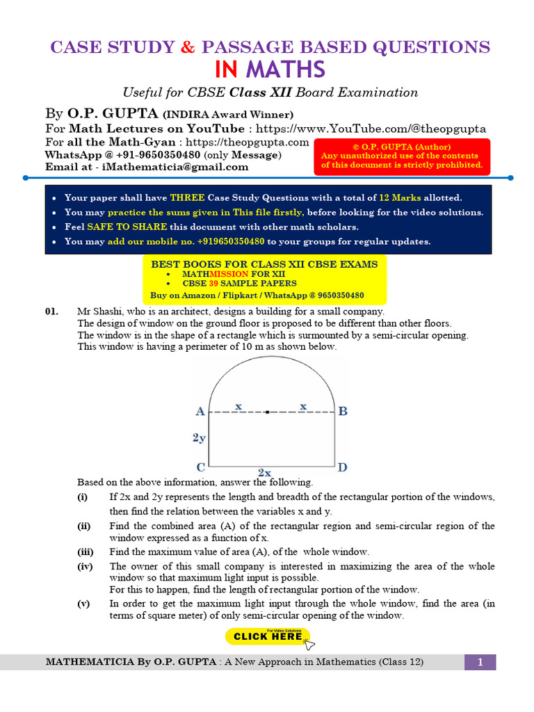 Case Study Questions For XII (Maths) | PDF | Linear Programming ...