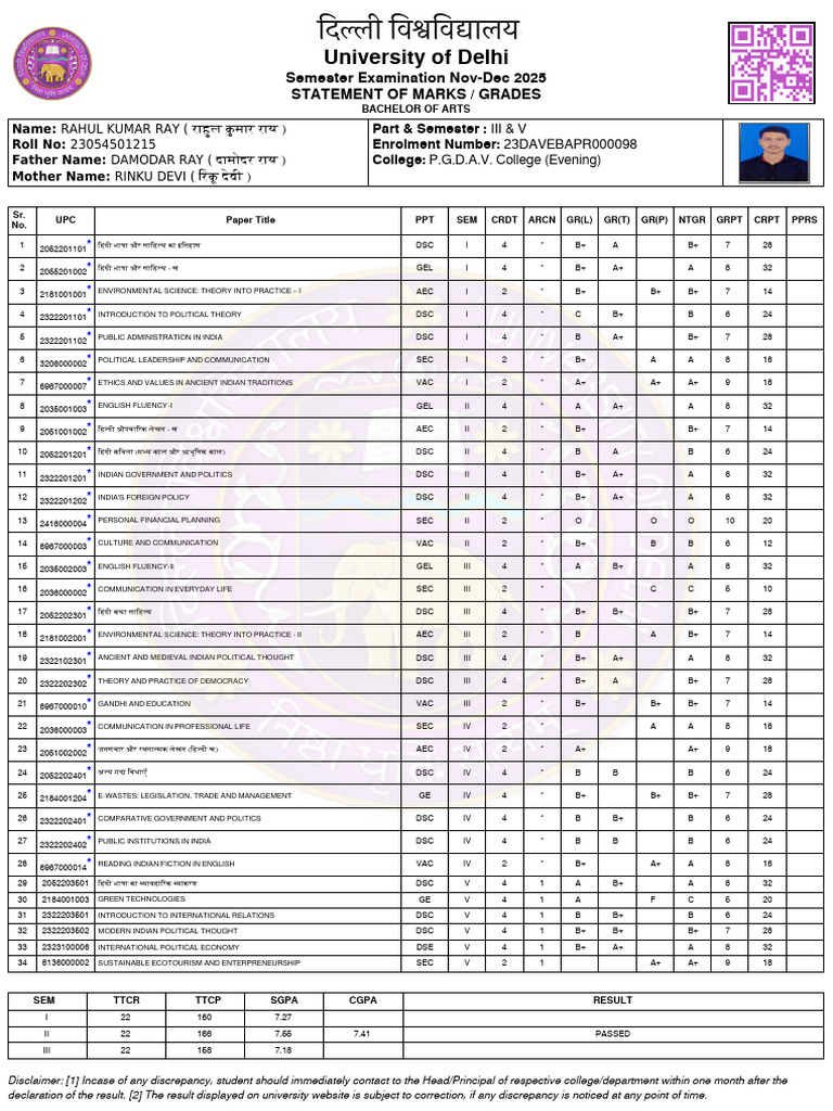 University of Delhi: Semester Examination Nov-Dec 2025 Statement of ...