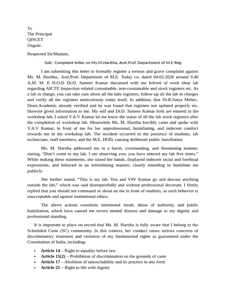 Complaint Letter On MSM - Haritha-Reg | PDF | Dignity | Discrimination