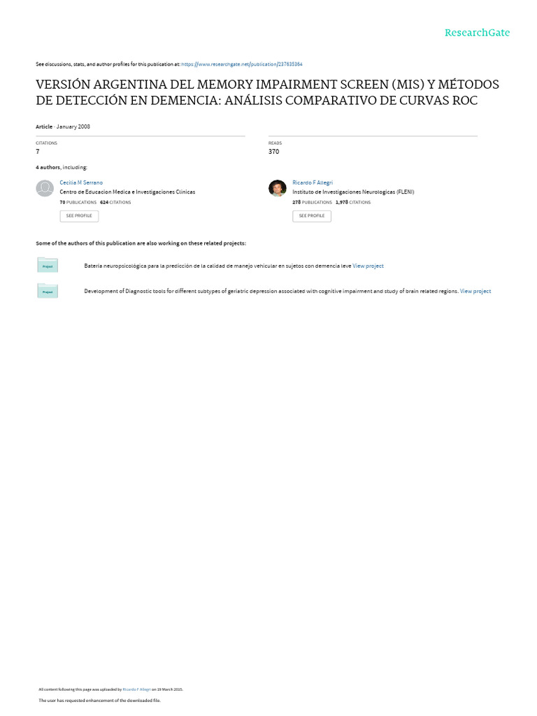 Version Argentina Del Memory Impairment Screen Mis | PDF | Diagnostico ...
