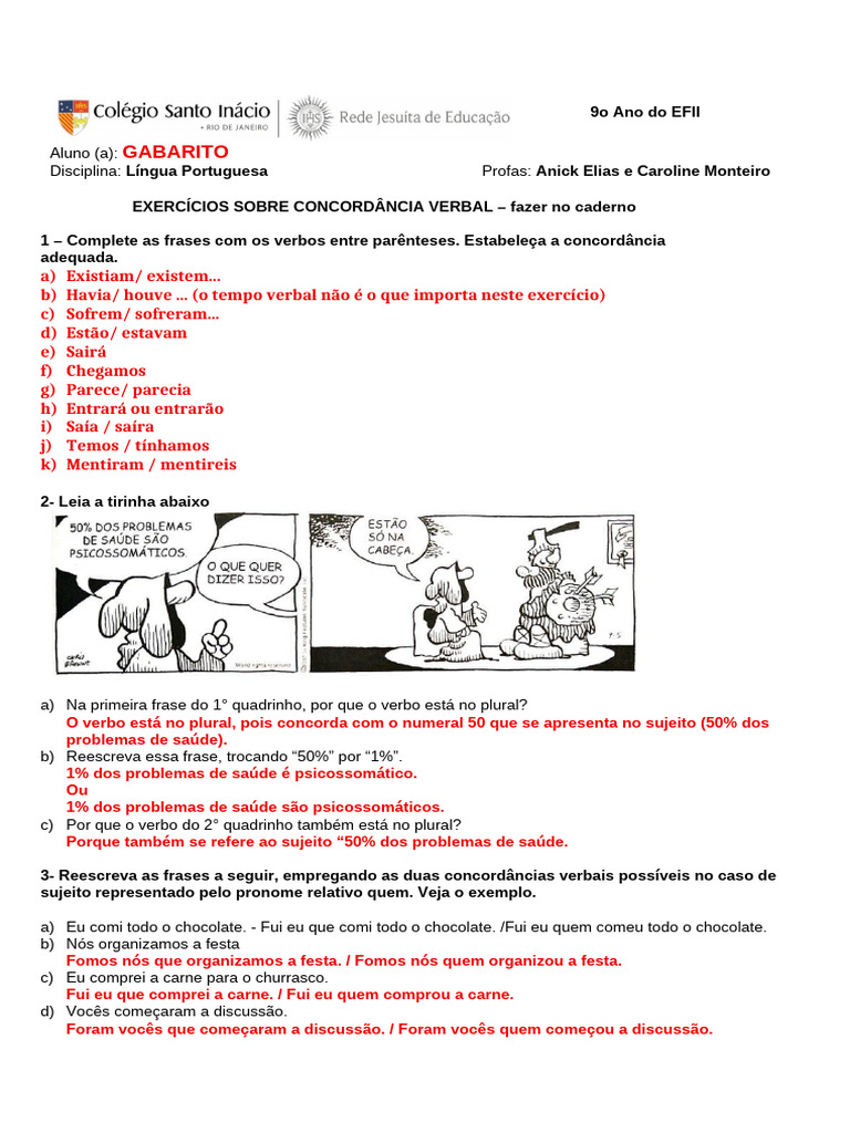 Gabarito Da Ficha de Concordância Verbal 2 | PDF | Assunto (gramática ...