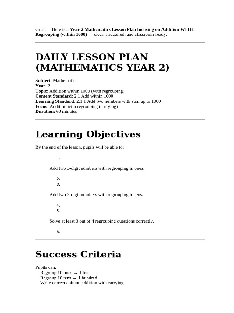 Great ? Here Is A Year 2 Mathematics Lesson Plan | PDF | Lesson Plan