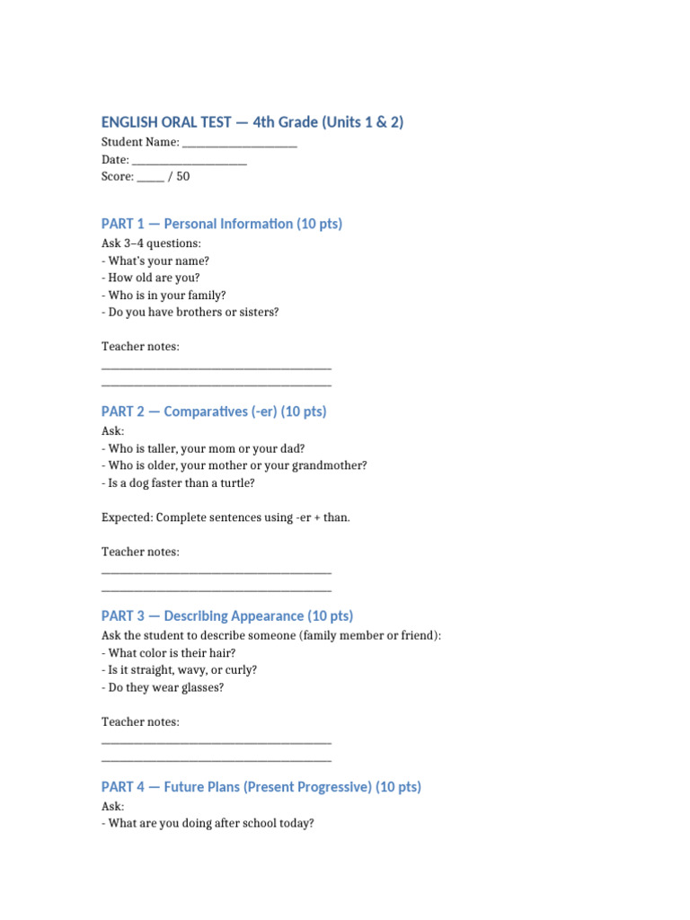 English Oral Test 4th Grade Units1 2 | PDF