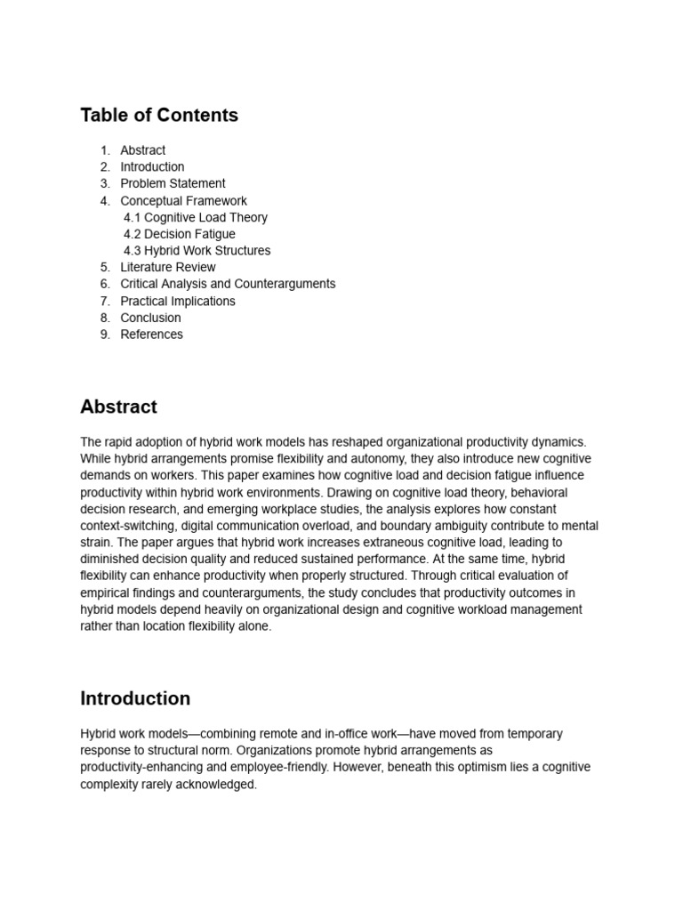 Cognitive Load, Decision Fatigue, and Workplace Productivity in Hybrid ...