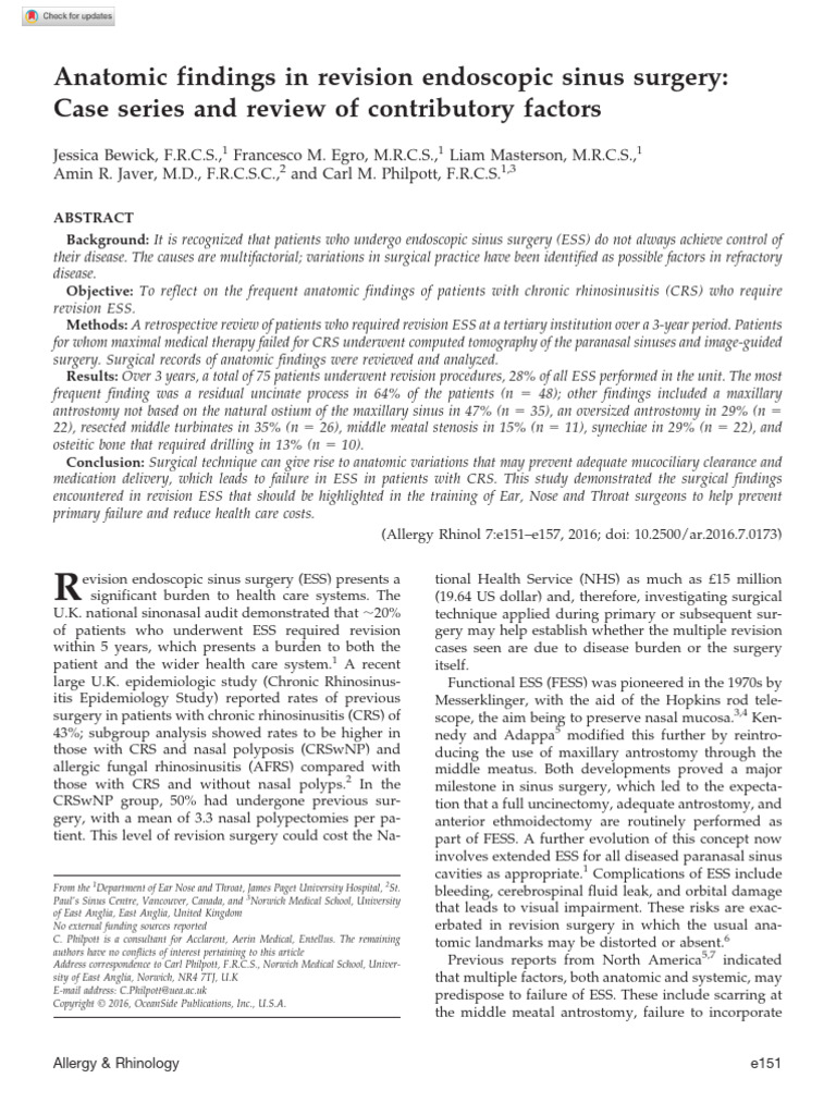 Bewick Et Al. 2016. Anatomic Findings in Revision Endoscopic Sinus ...