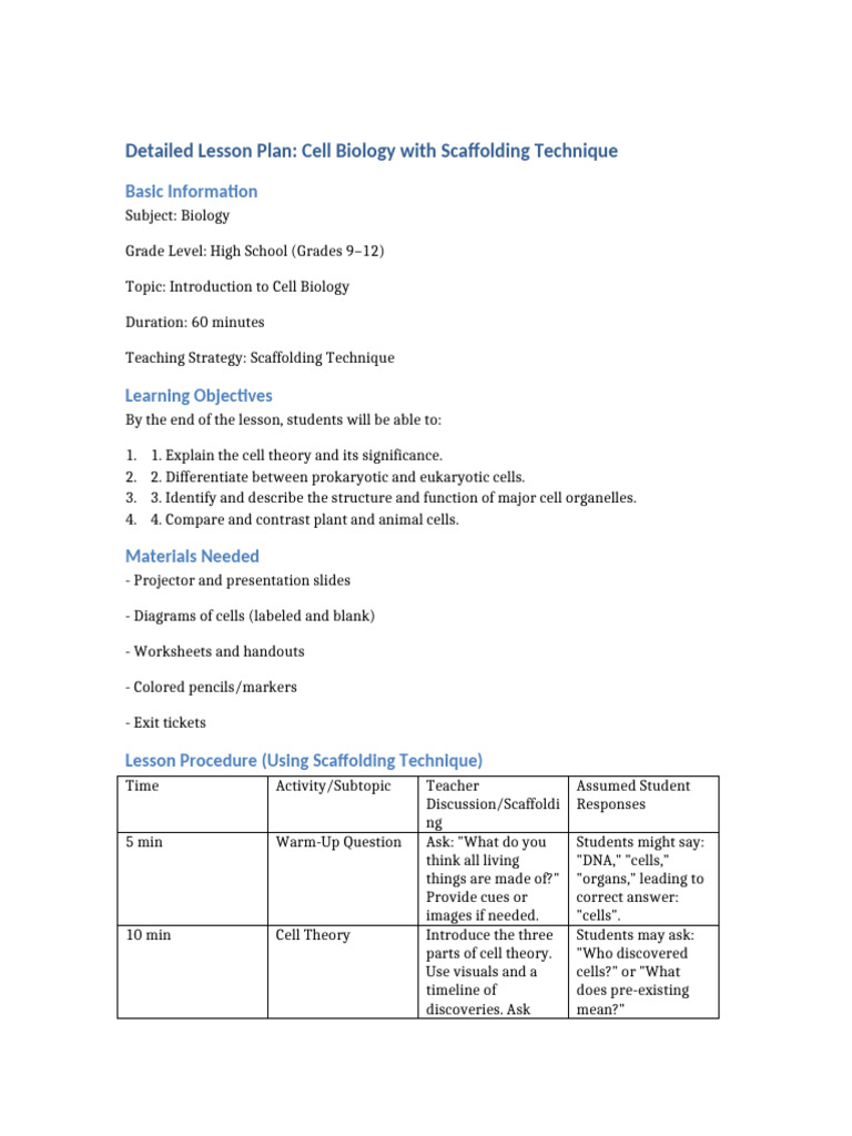 Cell Biology Lesson Plan Scaffolding | PDF | Cell (Biology) | Organelle