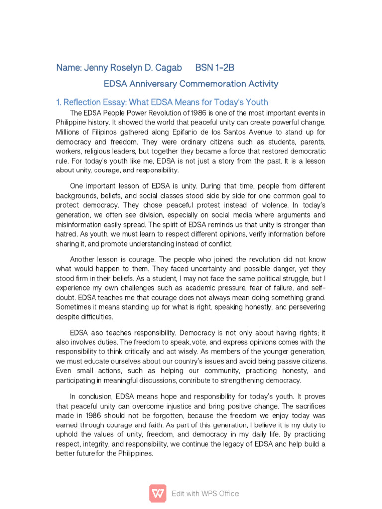 EDSA Reflection and Poem DOCUMENT | PDF | Democracy | Political Ideologies