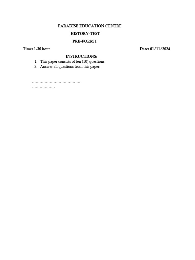 Pre Form 1 History Test 1.11.2024 | PDF