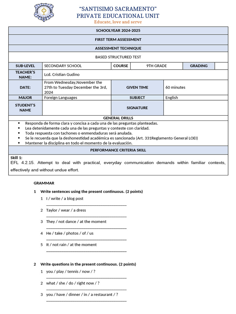 9th Graders 1st Term Test | PDF | Grammar | Syntax