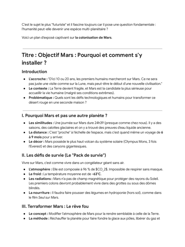 Colonisation de Mars - Plan D'exposé | PDF | Mars | Terre