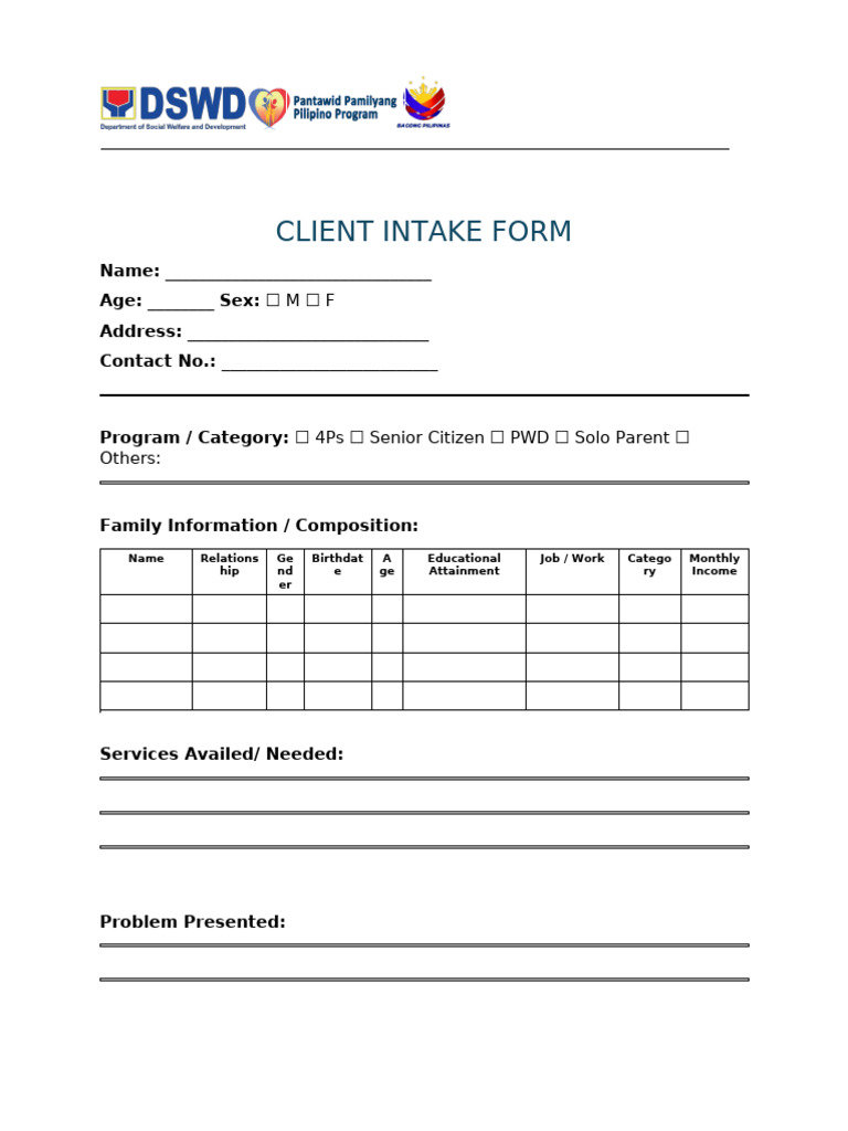 Client Intake Form (Sample Template) | PDF