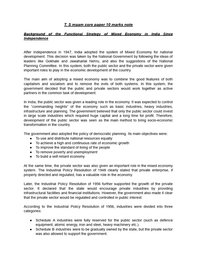 T. S Maam Core Paper 10 Marks Note | PDF | Industrial Policy | Economies