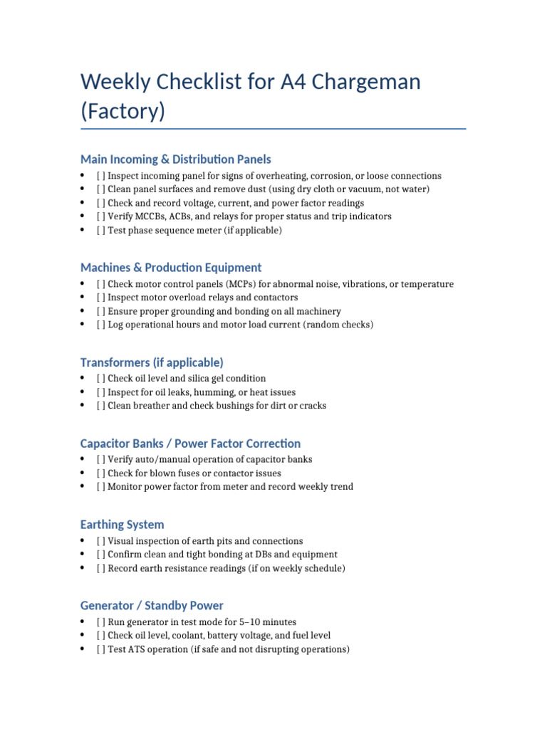Weekly Checklist A4 Chargeman Factory | PDF
