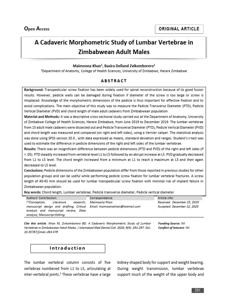 Cadaveric Morphometric Study of Lumbar Vertebrae in Zimbabwean Adult ...