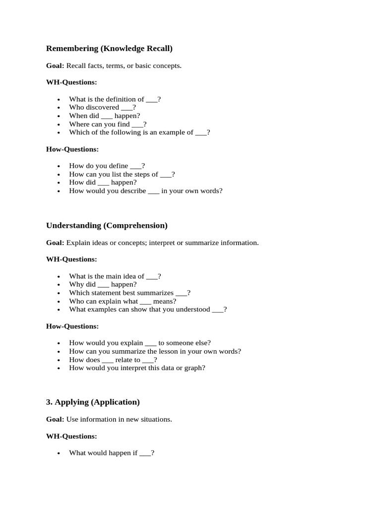 WH Questions BLOOM's | PDF | Question | Knowledge