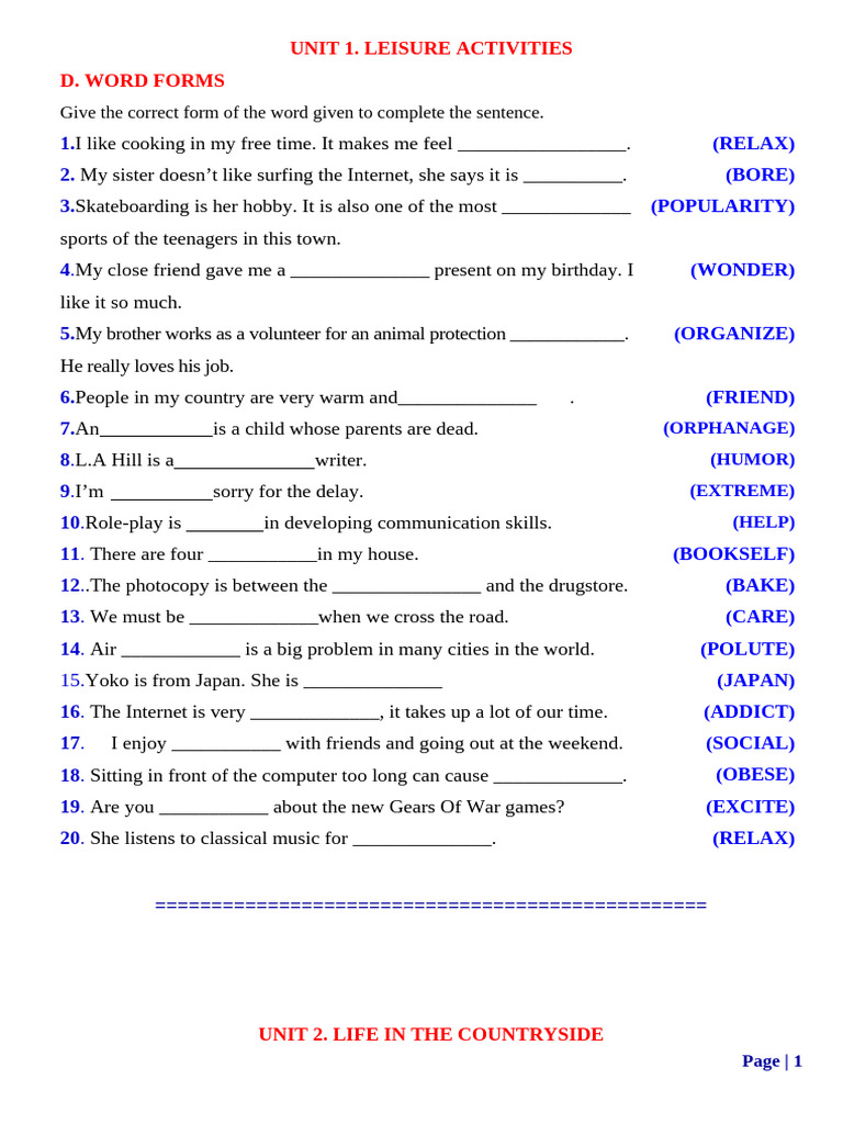 Word Forms E8 (Unit 1-6) | PDF