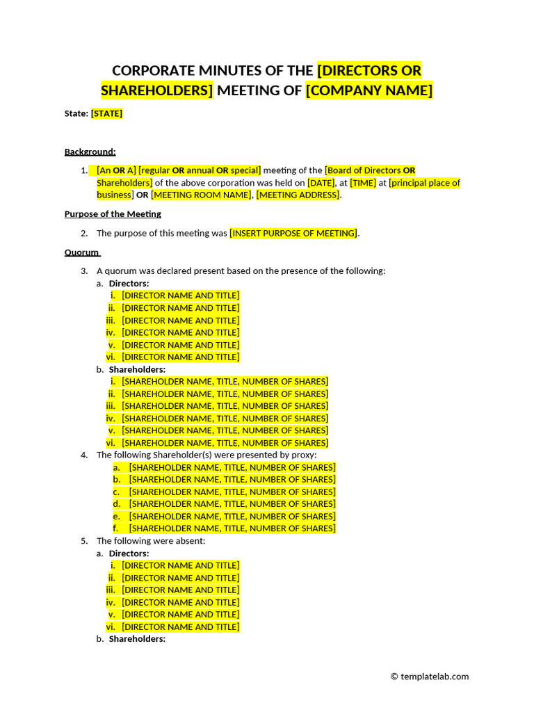 (ENG) Corporate Minutes Template | PDF | Dividend | Loans