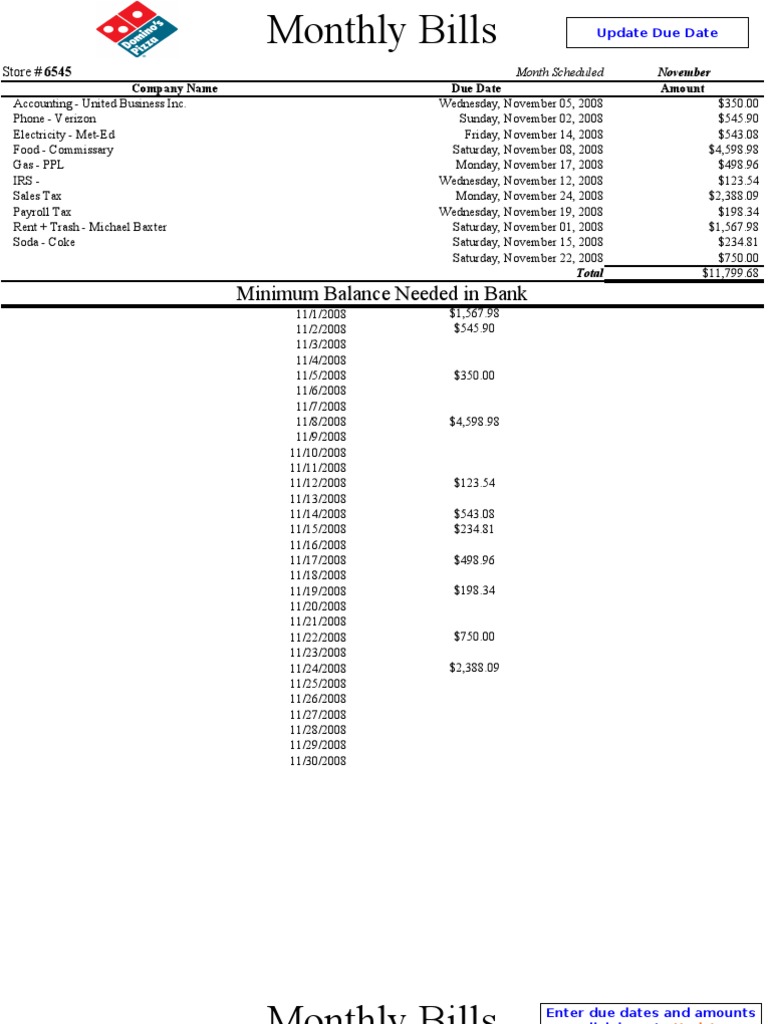 Monthly Bills Due Dates | Taxation | Government Finances