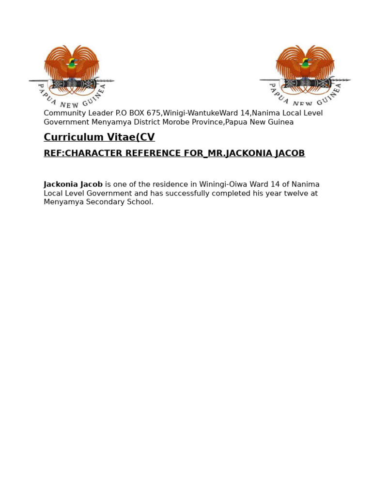 Curriculum Vitae (CV: Ref:Character Reference For - MR - Jackonia Jacob ...