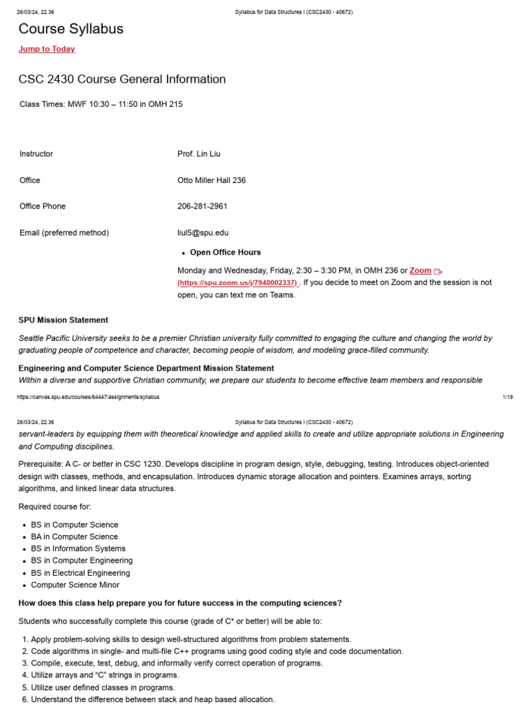 Syllabus For Data Structures I (CSC2430 - 40672) | PDF | Computer ...